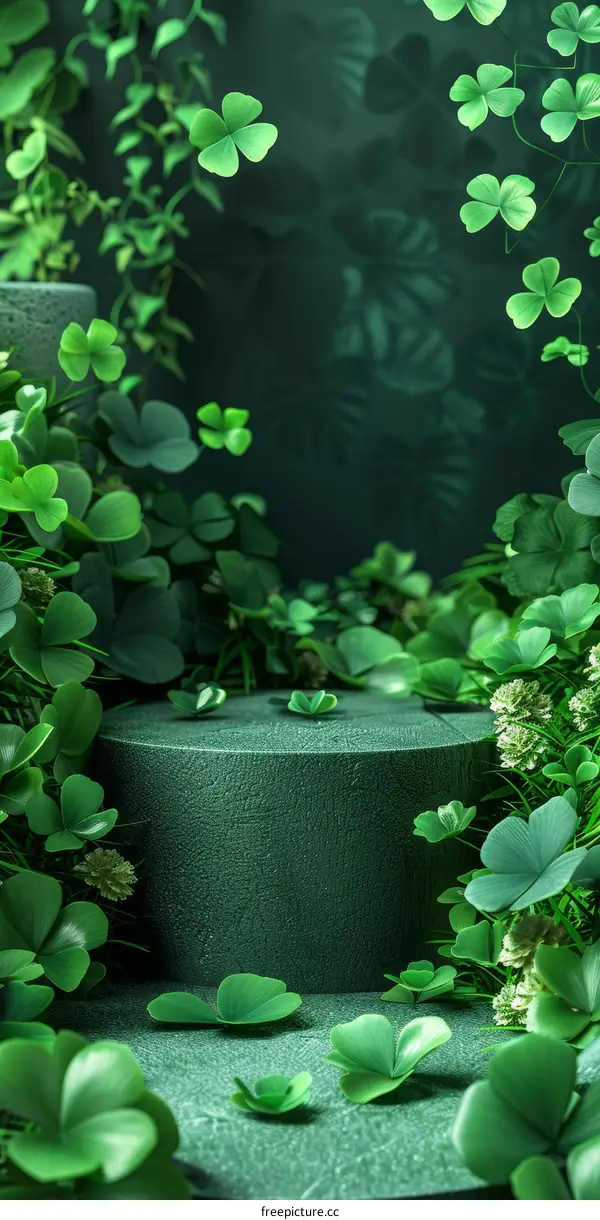 Green podium with clovers and white flowers