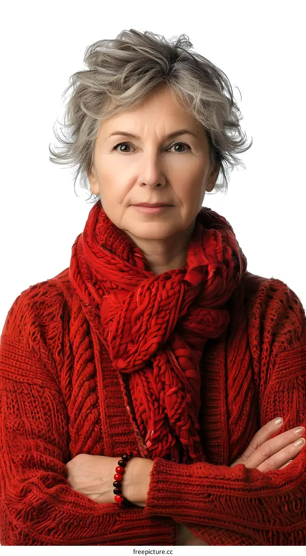 Portrait of a Mature Woman with Grey Hair in a Red Sweater