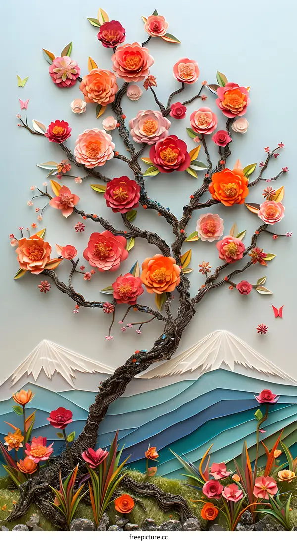 Paper Flowers Tree and Mountain