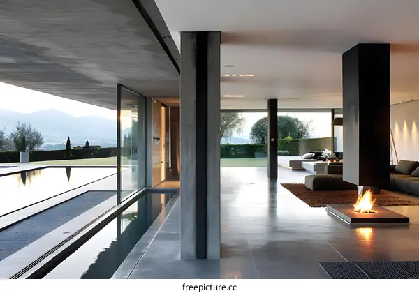 Modern Home Interior Design with Pool and Fireplace