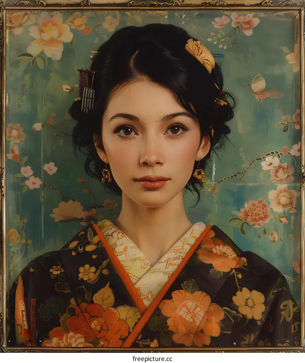 An oil painting of a young woman in a kimono with a floral background