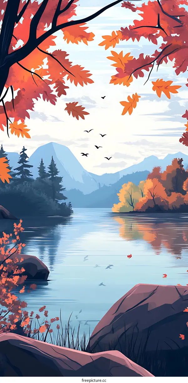 Autumn Landscape with Mountains and Lake