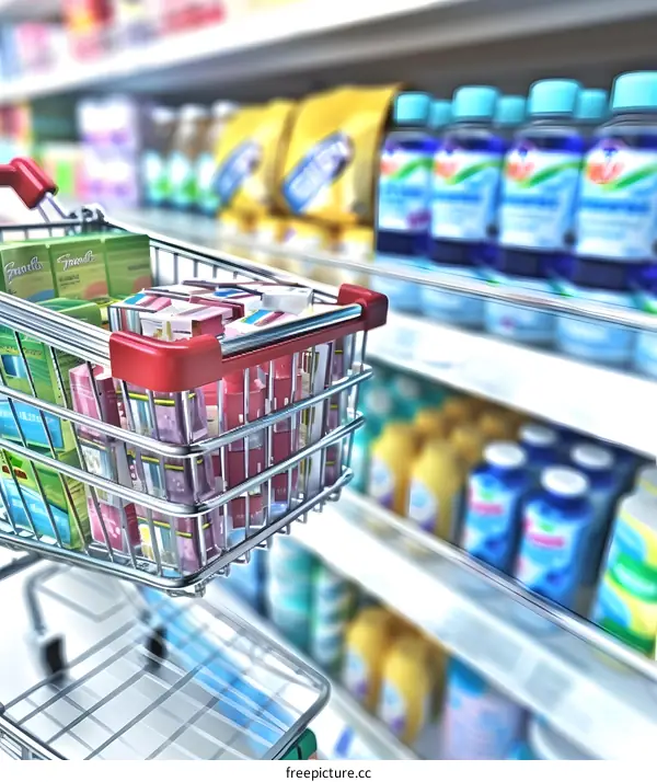 Shopping Cart Filled with Products in Supermarket Aisle