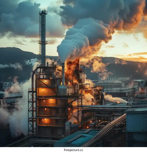 A factory with smoke coming out of the smokestacks
