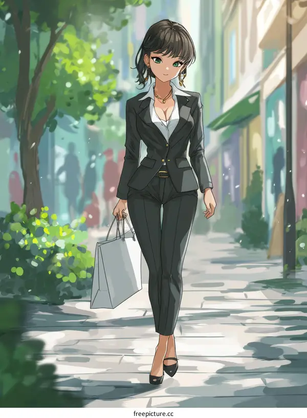Stylish Woman Walking Down the Street with Shopping Bags