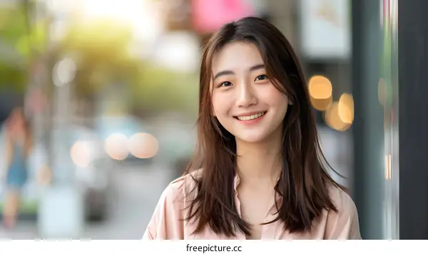 Smiling Asian Woman Standing In The City