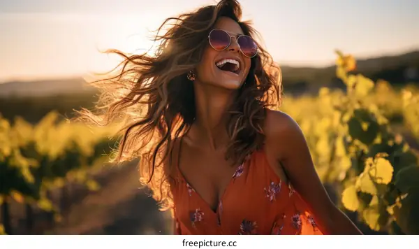carefree woman laughing in a field of flowers
