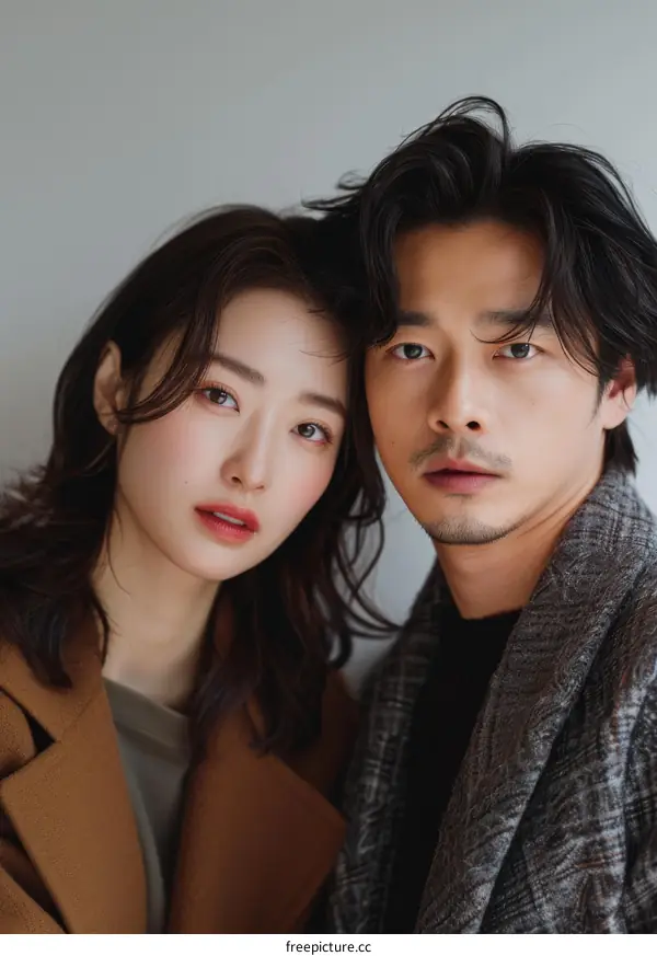 A beautiful Asian couple posing for a photo