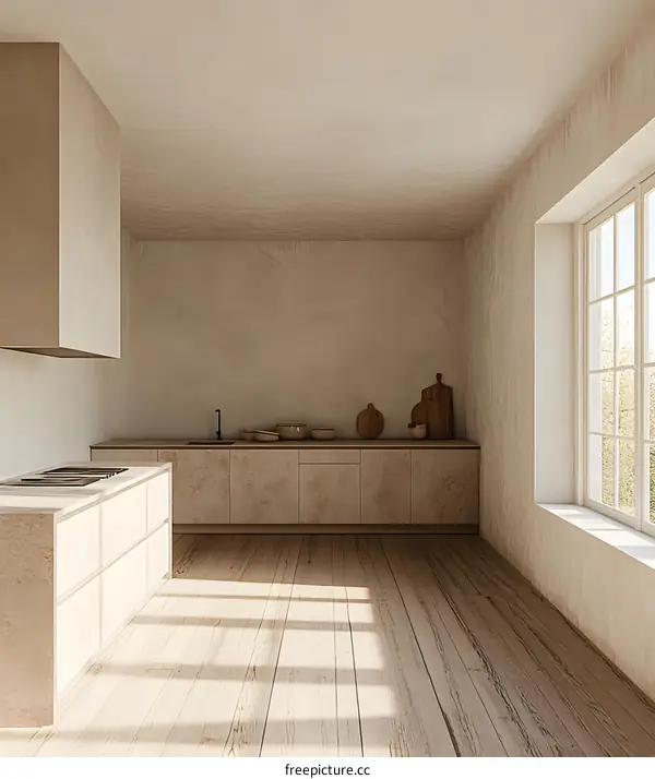 Minimalist Kitchen Interior Design with Beige Tones and Wood Floor