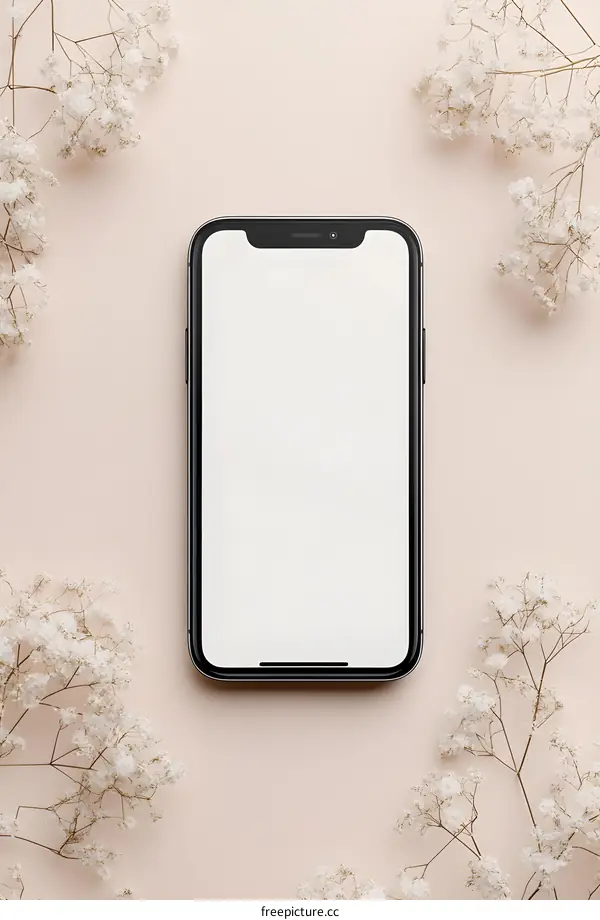 Smartphone Mockup with White Flowers on Pink Background