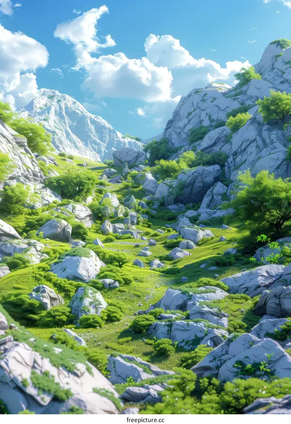 Enchanted Forest Landscape with Rocks and Trees