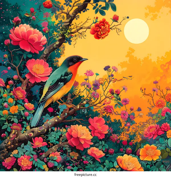 Colorful Bird Perched on Branch Amidst Blossoming Flowers