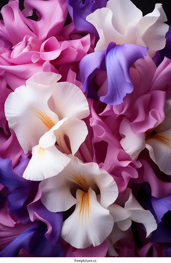 Colorful irises of various shades of purple, pink, and white