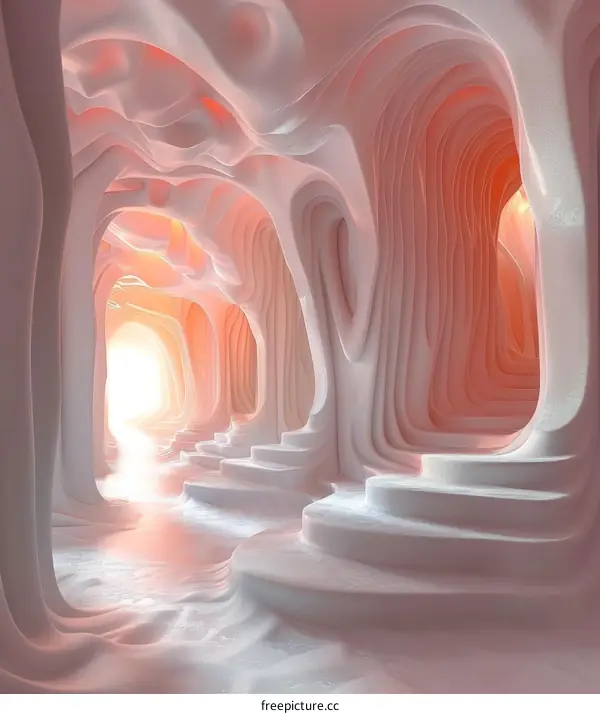 Pink Alien Cave with Stairs Leading to Glowing Exit