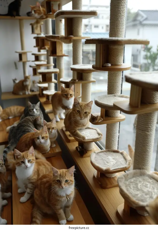 A group of cats sitting on wooden shelves and looking out the window