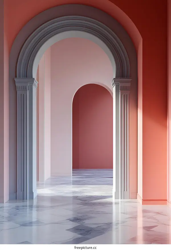 Modern Minimalist Interior Design with Archways and Marble Floor