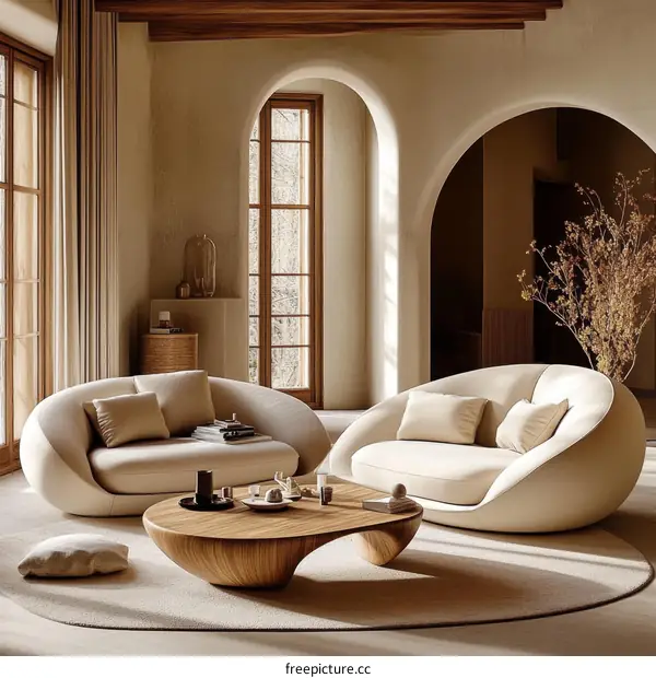 Modern Beige Living Room with Curved Sofa Set