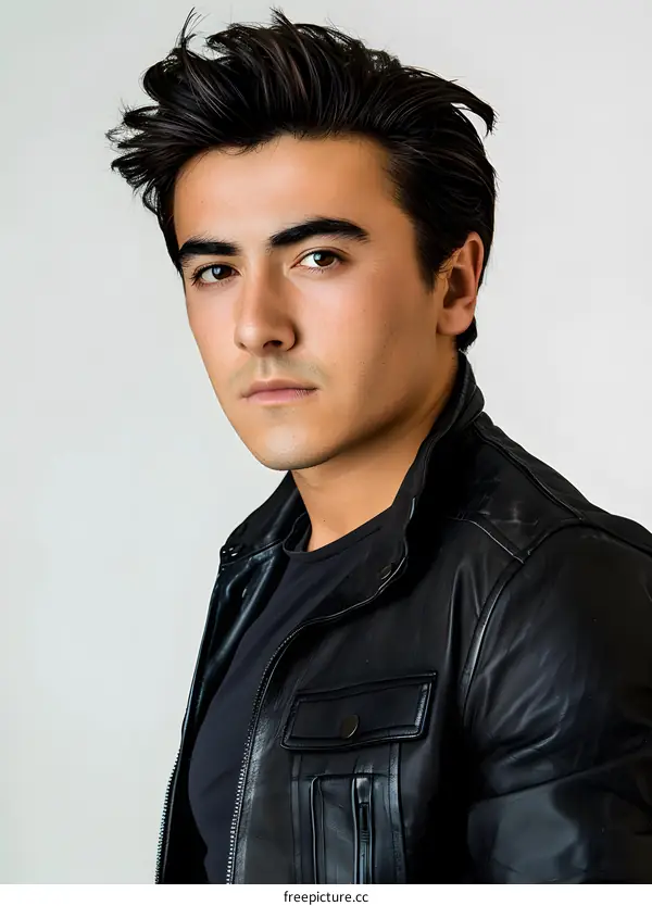 Handsome Young Man in a Black Leather Jacket