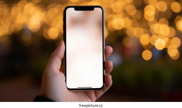 Hand holding a smartphone with a blank screen in front of a blurred background of city lights at night