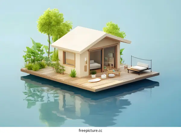 Minimalist House on Water With Green Plants