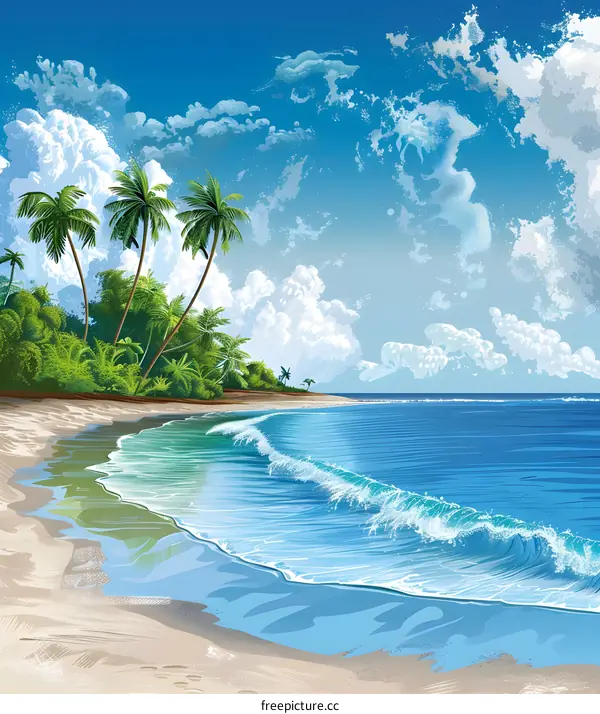 Tropical Beach Scene with Palm Trees and Blue Sky