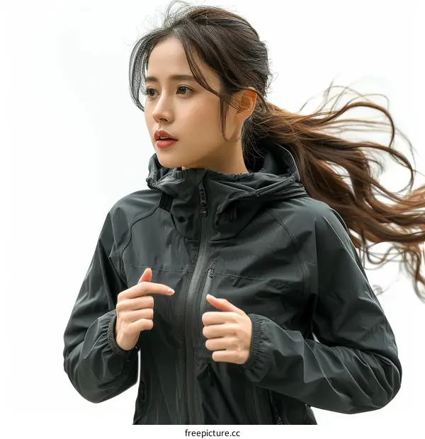 A young Asian woman in a black jacket is running