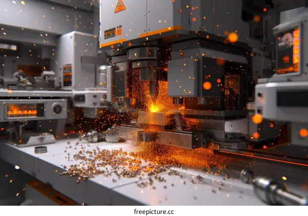 Industrial machinery processes metal with sparks flying