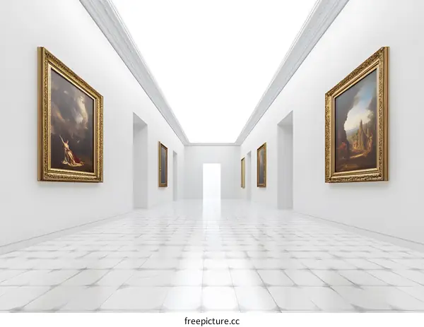 Empty Gallery Room with Paintings in Gold Frames