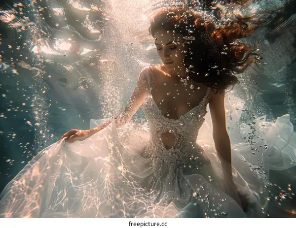 An underwater photo of a woman wearing a wedding dress