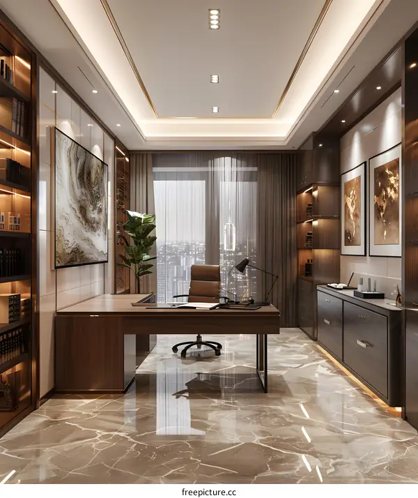 Modern Luxury Home Office Interior Design With Desk And Bookcase
