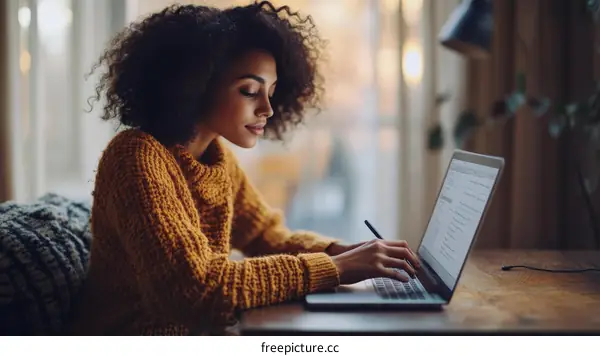 Focused Woman Working on Laptop at Home