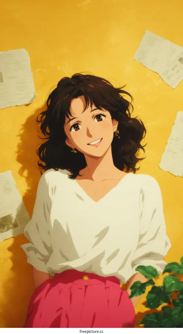 A Beautiful Anime Girl Relaxing on a Yellow Background