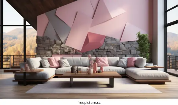 Modern living room interior with pink and gray geometric wall and large windows