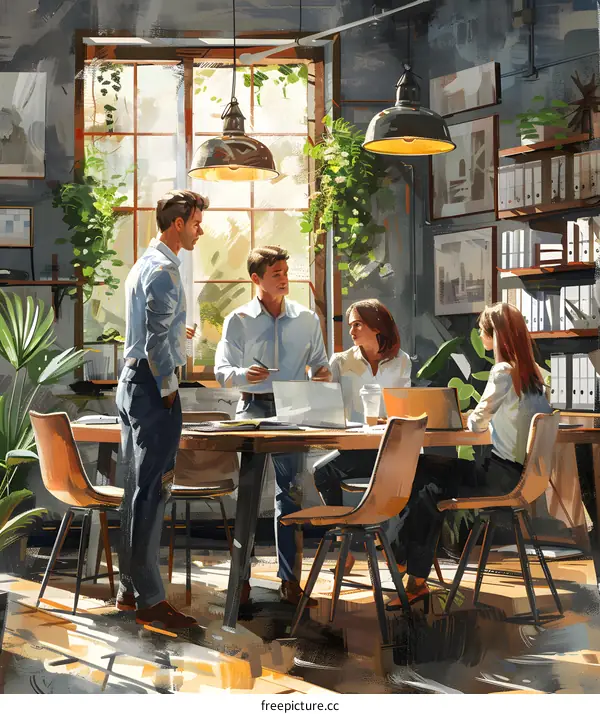 Four people in a room with plants and sunlight