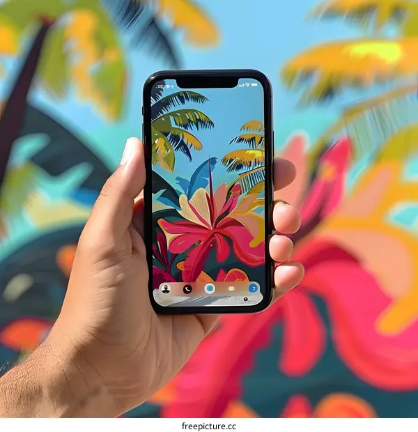 Hand Holding Smartphone with Tropical Wallpaper