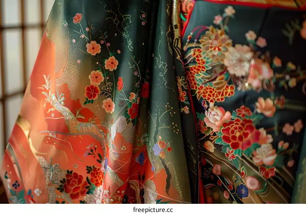 A close-up of a kimono with a floral pattern