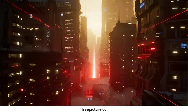 Futuristic Urban Nightscape with Glowing Red Laser in Cyberpunk