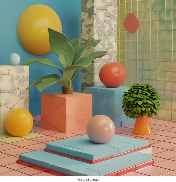 Abstract Scene With Plants And Geometric Shapes