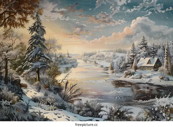 Winter Landscape with Snowy River and Cabin