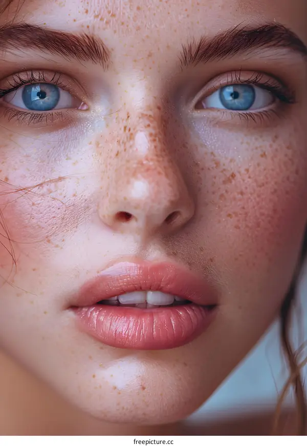 Close-up portrait of a young woman with freckles