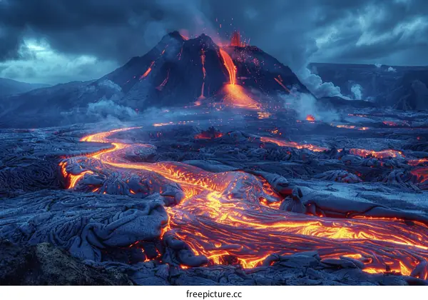 Lava Flowing Down The Side Of A Volcano At Night