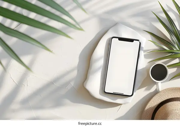 Flat Lay Mockup Of A Smartphone With White Background And Palm Leaves