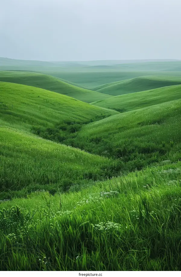 Green rolling hills under the grey sky