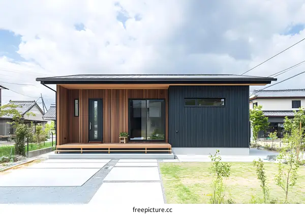Modern Japanese House with Wooden Siding and Black Metal Roof