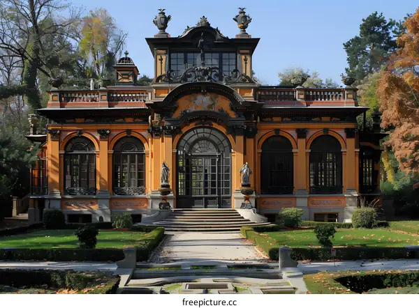A beautiful pavilion with statues and a garden