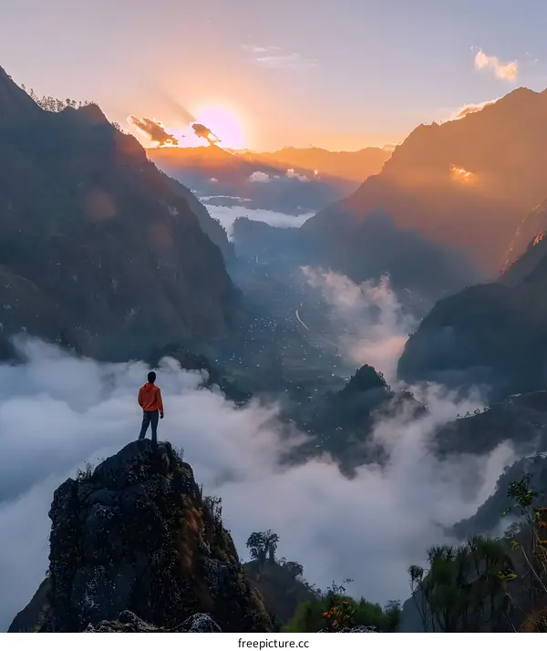 Man Standing on Mountaintop Overlooking Valley