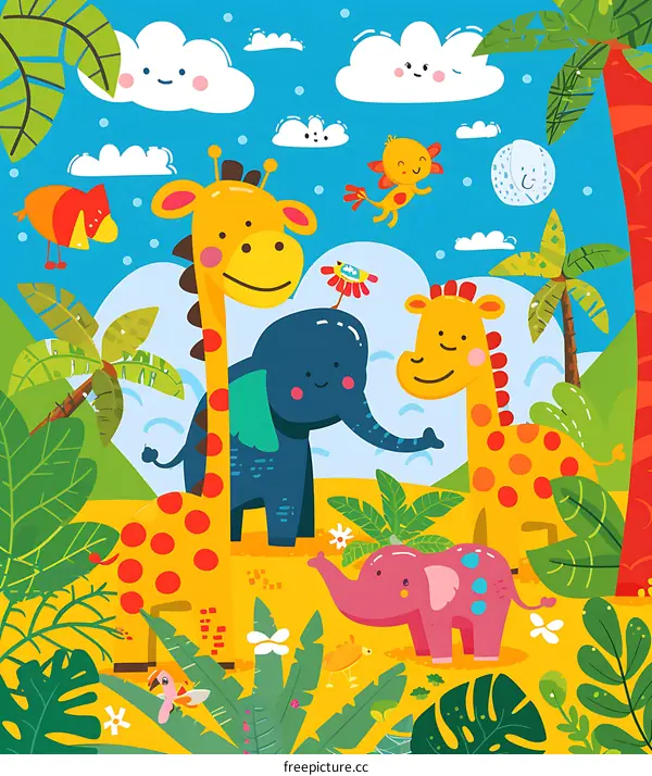 Cute Cartoon Animals In The Jungle