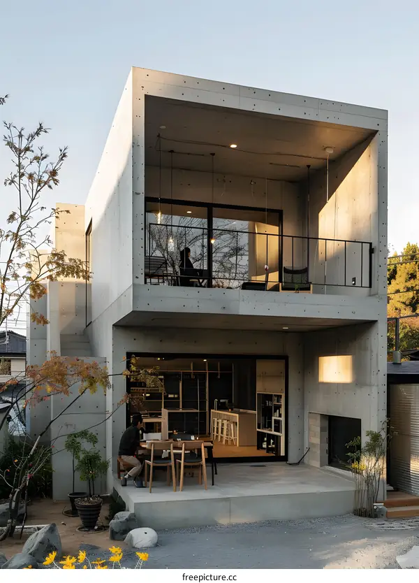 Modern Concrete House with Patio and Balcony