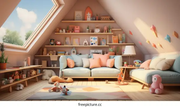 A cozy attic playroom filled with toys and books