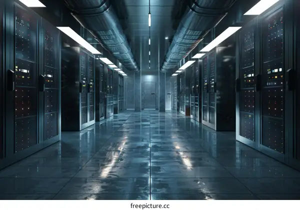 Futuristic server room with supercomputers